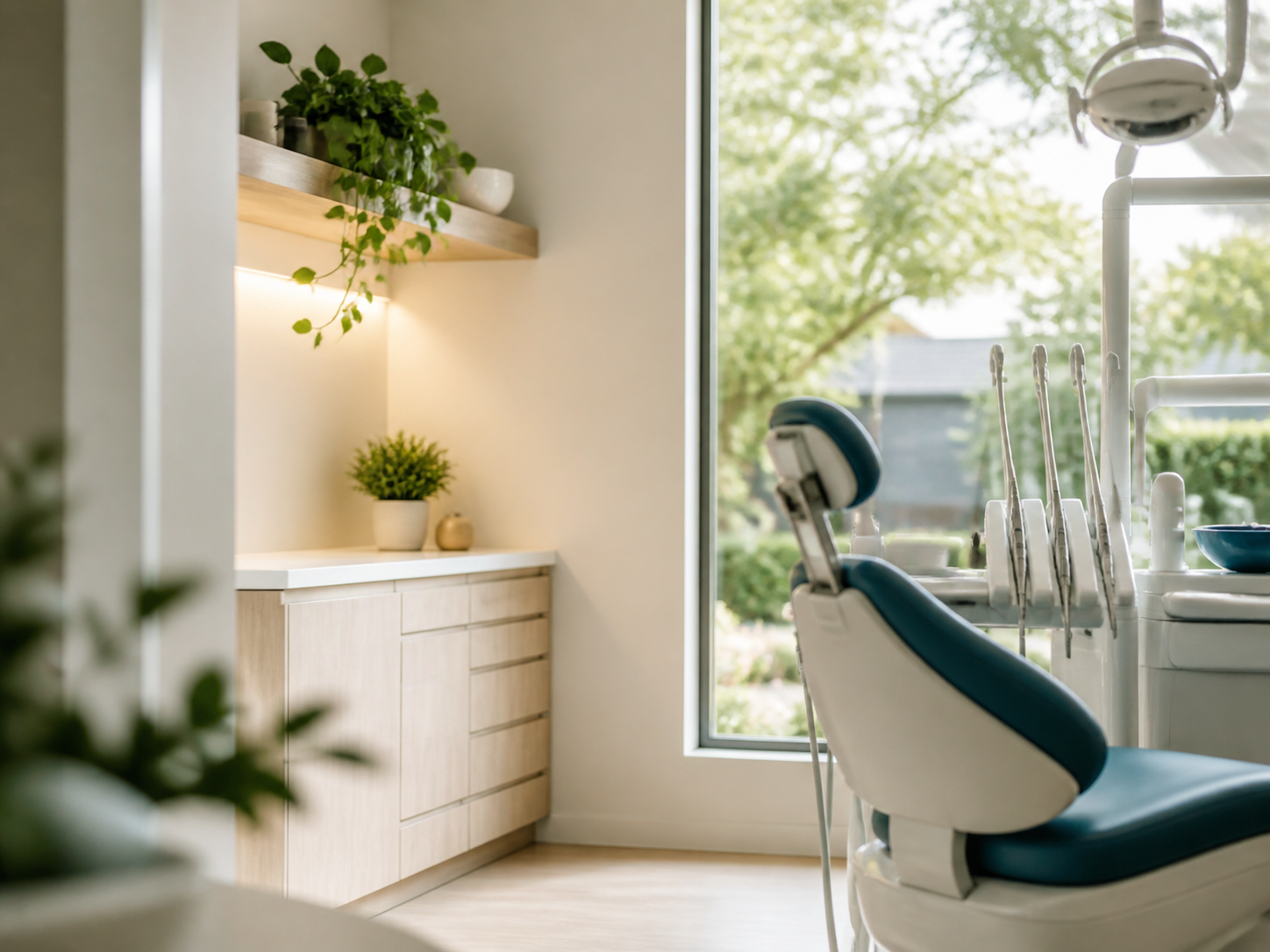 Warm naturally lit dental practice room with a teal dental chair